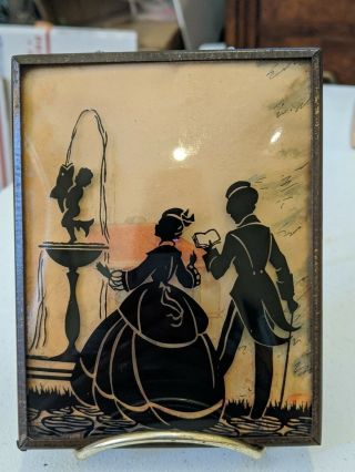 Vintage Victorian Reverse Painted Silhouette On Glass Picture Victorian Couple