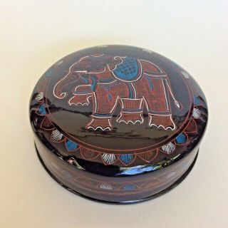 Round Trinket Box Black Lacquerware Painted Elephant Handcrafted Asian Art