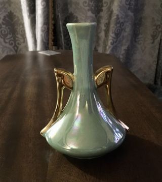 Vintage Green Bud Vase Lusterware 6.  5” Guaranteed Karat Gold