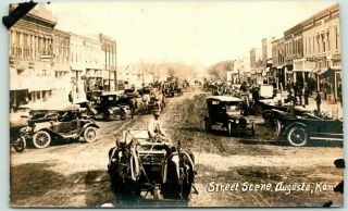1910s Augusta,  Kansas Rppc Photo Postcard " Street Scene " Horses / Cars Trimmed