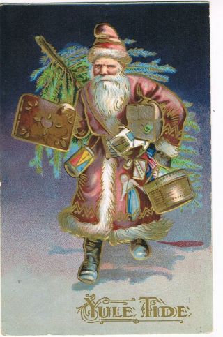Antique Embossed Christmas Postcard Santa Claus,  Pink Suit,  Carrying Xmas Tree