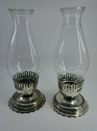 Pair Vintage/antique Metal Candle Stick Holder With Glass Chimney