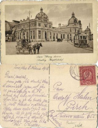 Ukraine Russia,  Lviv Lwow Lemberg,  Railway Station,  Tram (1918) Postcard