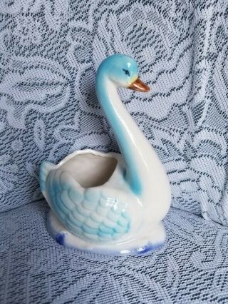 Vintage Blue Swan Ceramic Planter Made In Japan 5 1/2 " Tall Some Crazing