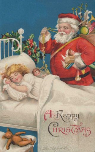 Postcard A Happy Christmas Santa Bringing Gifts To Sleeping Girl Clapsaddle