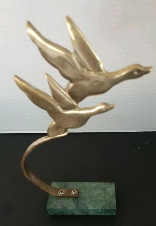 Vintage Brass Metal Flying Geese On Green Marble Base Sculpture Statuette Enesco