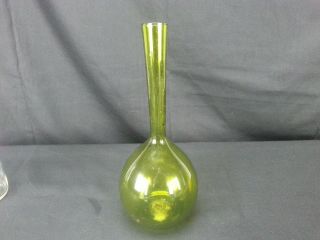 Delicate Green Hand Blown Art Glass Single Flower Bulb Vase 9 - 7/8 " Inches Tall