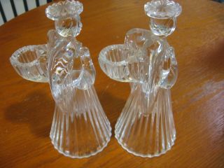 Vintage Pair Lead Crystal Praying Angel Glass Candlesticks Candle Holders 7.  5”H 3