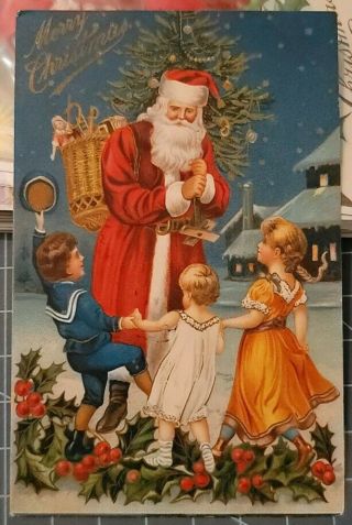 1909 Merry Christmas Santa Claus Holding A Tree,  Snow,  Toys & Children Postcard