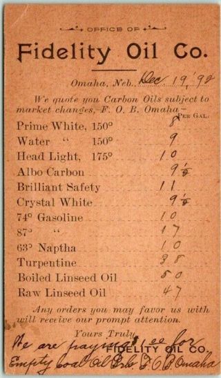 1892 Omaha,  Nebraska Business Postcard Fidelity Oil Company Price List W/ Cancel