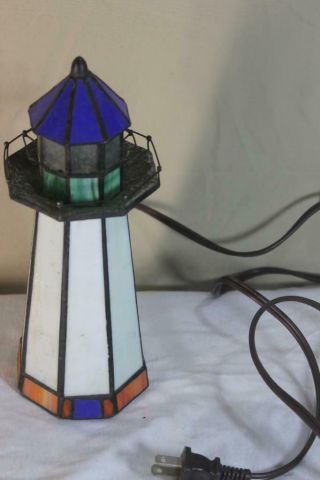 Tiffany Style Stained Glass Nautical Lighthouse Lamp Night Lite 10 " Tall Vintage