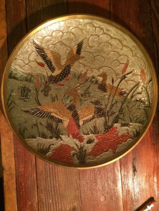 8 " Vintage Brass Enamel Painted Ducks Decorative Wall Plate Made In India
