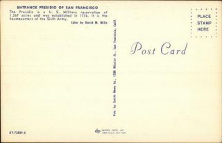 Entrance Presidio of San Francisco,  CA California Smith News Co.  Chrome Postcard 2