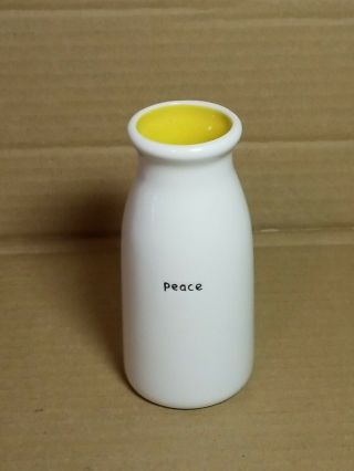 Department 56 White Ceramic Milk Bottle Vase Peace Yellow Inside