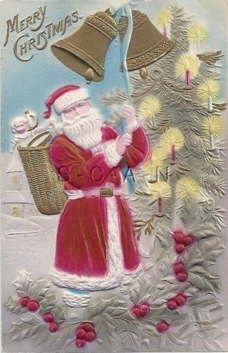 Vintage 1906 - 15 German Pc - Embossed - Santa Claus Rings Bells - Christmas - Toys