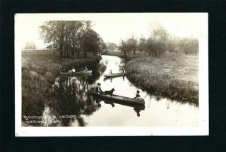 Marion Iowa Ia 1910 Rppc 3 Wooden Frame Canoes Boating On Indian Creek,  1 W/ Dog