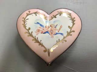 Vintage Carlin Comforts Porcelain Heart Shaped Trinket Box Cupids Gold Paint