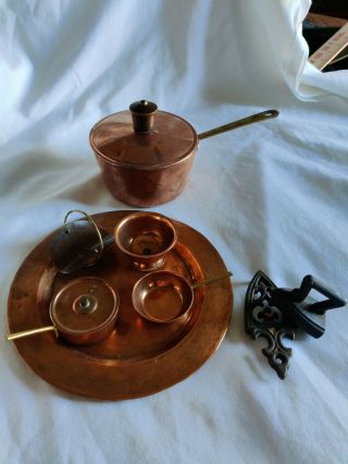 Vintage Miniature Copper Pots And Pans Cast Iron Iron & Trivet