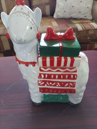 Christmas White Llama Animal Cookie Jar W/ Wreath & Presents