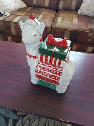 Christmas White Llama animal Cookie Jar w/ Wreath & Presents 2