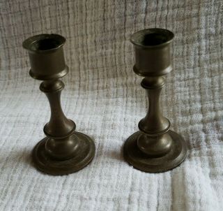 Set Of 2 Vintage Solid Brass Miniature 2.  5 Inch Candlestick Holders Denmark