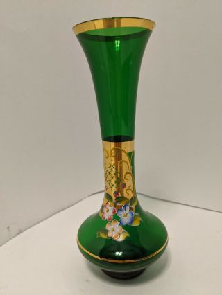 Vintage Green Art Glass Gold Trim & Flowers Bud Vase By Norleans