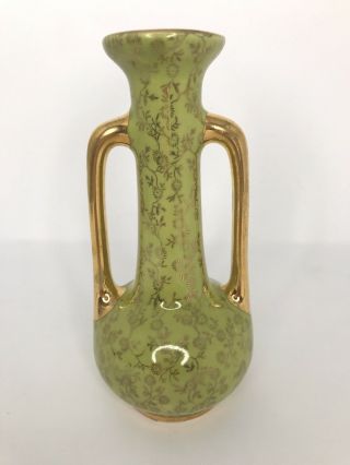 Vintage Pearl China Co Usa 22k Gold Green Flower Bud Vase 2 Handle 6.  25” Decor