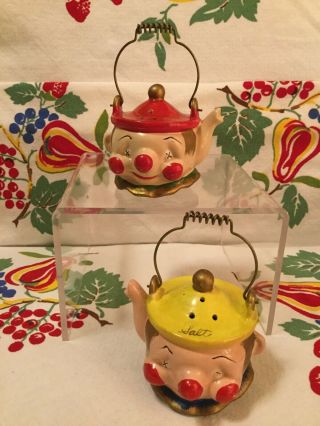 Vintage Clown Ceramic Miniature Teapot Salt And Pepper Shaker Set 2