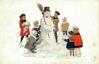 Christmas Artist Signed J.  G.  Kesler Snowman Broom Kids Vintage Postcard 05.  60