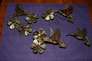 Set Of 4 Home Interiors Brass Metal Hummingbird/flower Wall Plaques