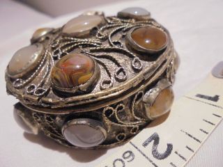 Vintage Silver Tone Tin Pill Box With Stone Cabochons Hinged Lid Imported