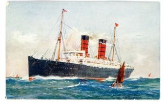 Cunard Ocean Line - Rms Lucania Passing Sailboat - Postcard Ship/r.  M.  S.