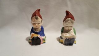 Vintage Pixie Elf Gnomes Sitting On & Reading Books Salt And Pepper Shakers
