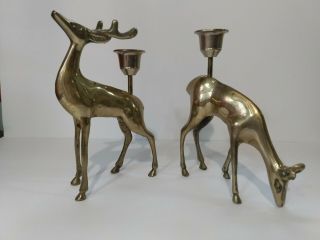 Pair Buck & Doe Vintage Solid Brass Reindeer Candle Holders 6in