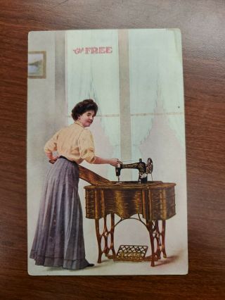 The Sewing Machine Woman Rockford Illinois Advertising Postcard (c.  1910)