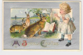 Antique Postcard Easter Winsch Anthropomorphic Rabbits Read Book Little Girl Sca