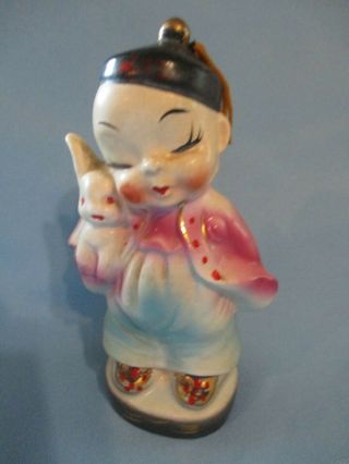 Vintage Oriental Asian Boy W Rabbit Porcelain Figurine Silk Tassel On Hat Japan