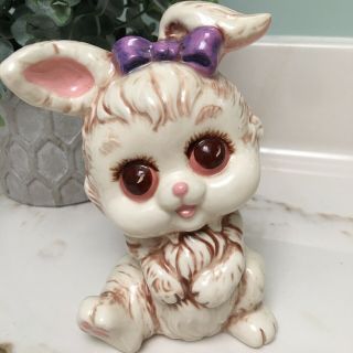 Vintage Ceramic White Bunny Rabbit Figurine Big Eyes And Bow Easter Decor