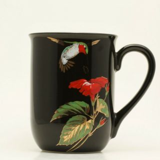 Vintage Otagiri Black Porcelain Coffee Mug Hummingbird And Red Hibiscus Japan
