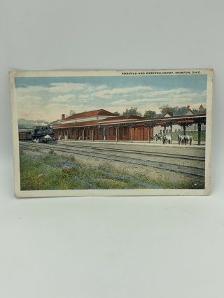 1922 Norfolk And Western Railroad Depot Ironton Ohio Postcard People On Platform
