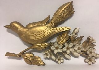 Vintage 1967 Dart Inc Gold Faux Wood Look Bird Perched On Dogwood Branch 7037
