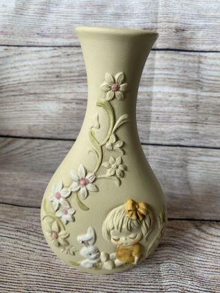 Vtg Ceramic Bisque Vase Girl Bunny Rabbit Flowers Handpainted