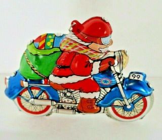 Merry Motorcycle Santa Pressed Tin Hallmark Ornament 1999 Santa On Bike W/ Box