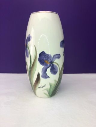 Vintage K Dunn Hand Painted Ceramic Vase Of Purple Iris In 1976