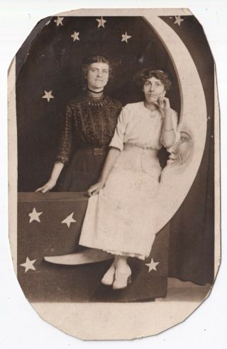 Studio Portrait Of Two Women With Paper Moon Prop - Rppc Real Photo Postcard