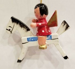 Erzebirge Germany Wooden Angel On Rocking Horse Ornament Vintage Sweet 3.  5 "
