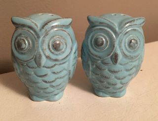 Vintage Owl Salt Pepper Mid Century Blue Ceramic Shakers Ex W/ Plugs