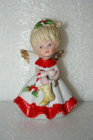 Homco 5402 Christmas Angel Figurine Girl Stocking Candy Cane Hp Bisque Vintage