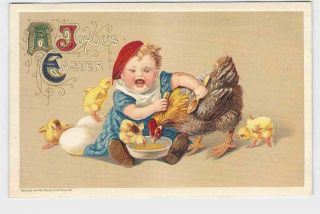Antique Postcard Easter Winsch Baby With Chicks And Chicken Red Hat Embossed Joy