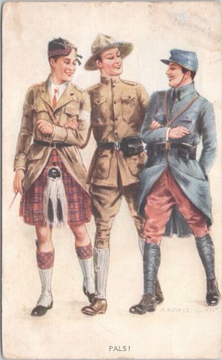 Postcard Wwi Era French American Scottish Soldiers Pals Archie Gunn F3